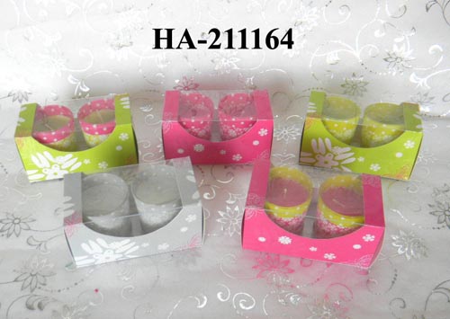 scented candles with printed glass holders in colored box